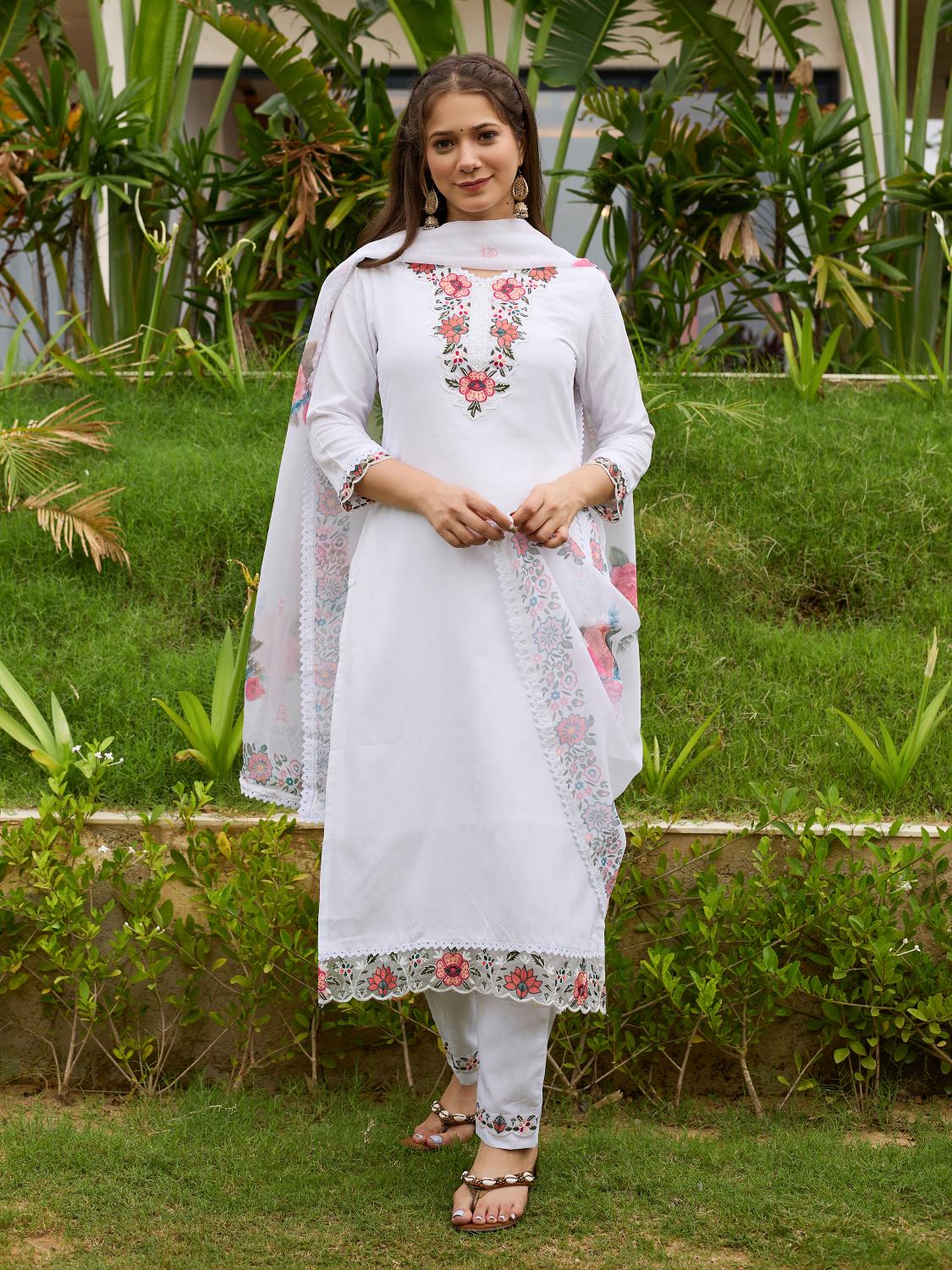 The52 Thread work on Viscose Fabric Straight Kurta, Pant and Dupatta Set - Distacart