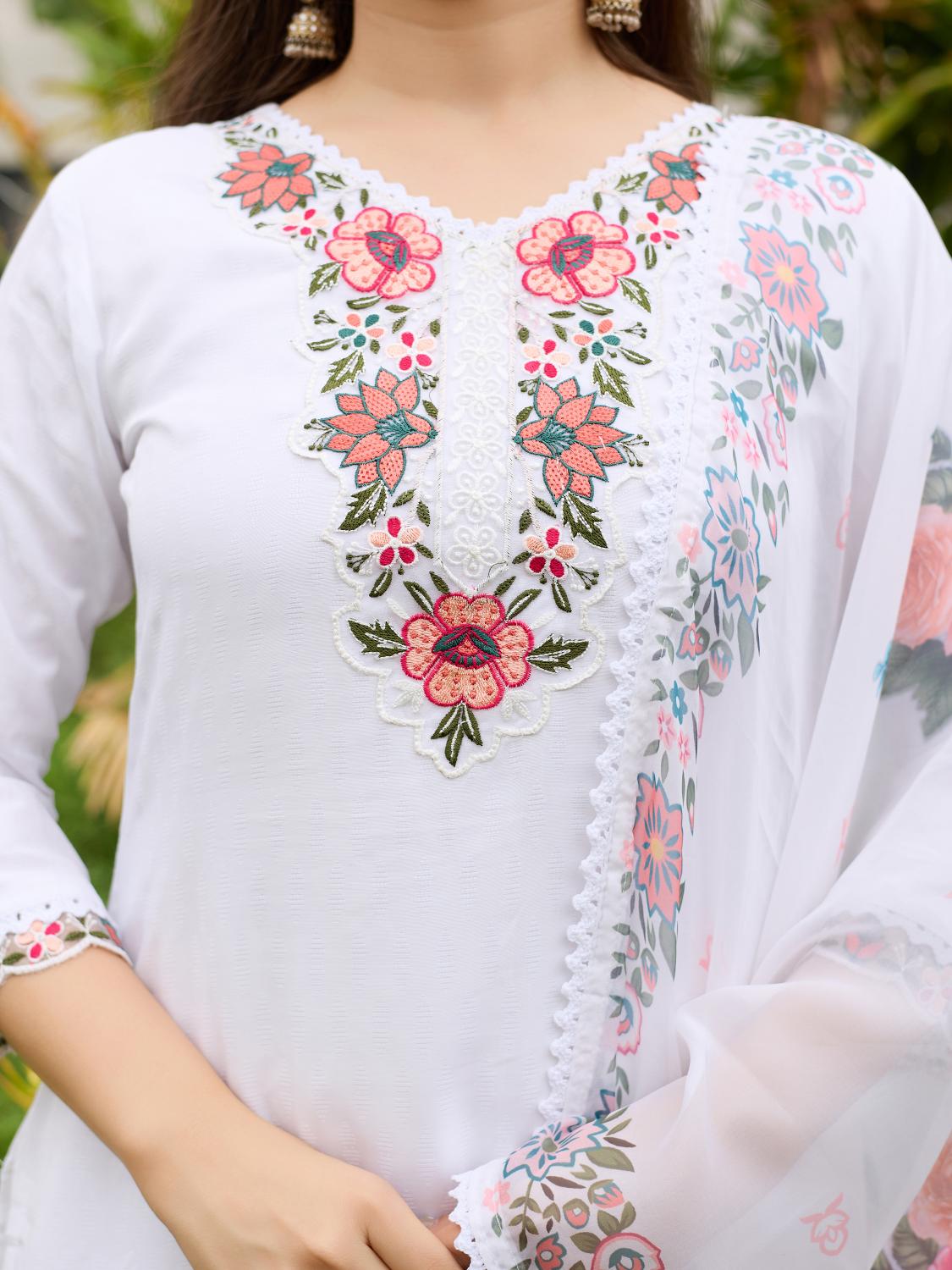 The52 Thread work on Viscose Fabric Straight Kurta, Pant and Dupatta Set - Distacart