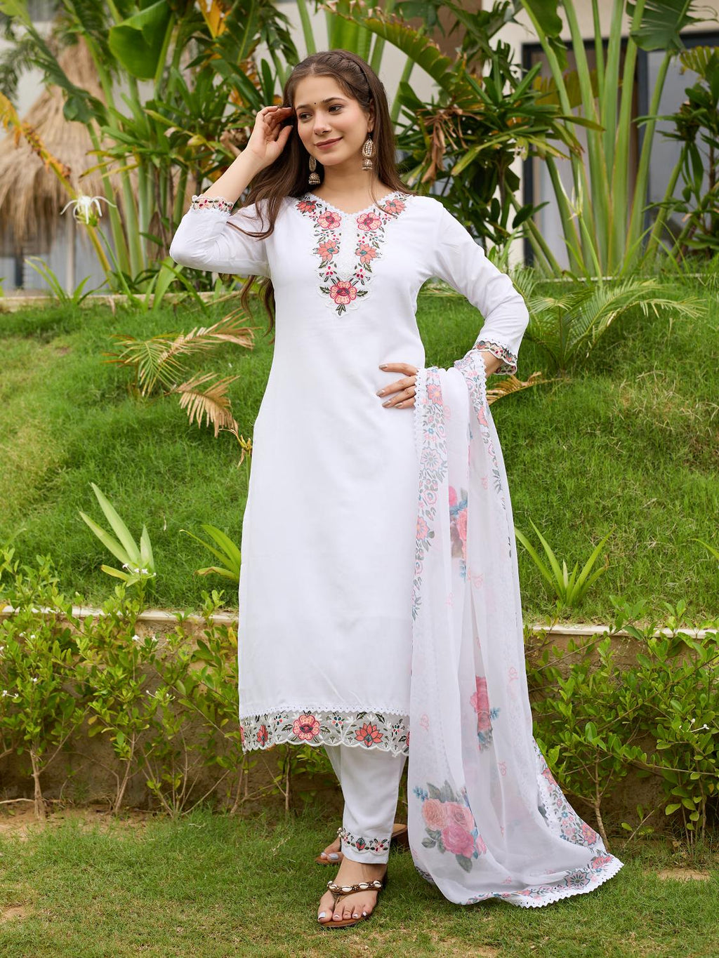 The52 Thread work on Viscose Fabric Straight Kurta, Pant and Dupatta Set - Distacart