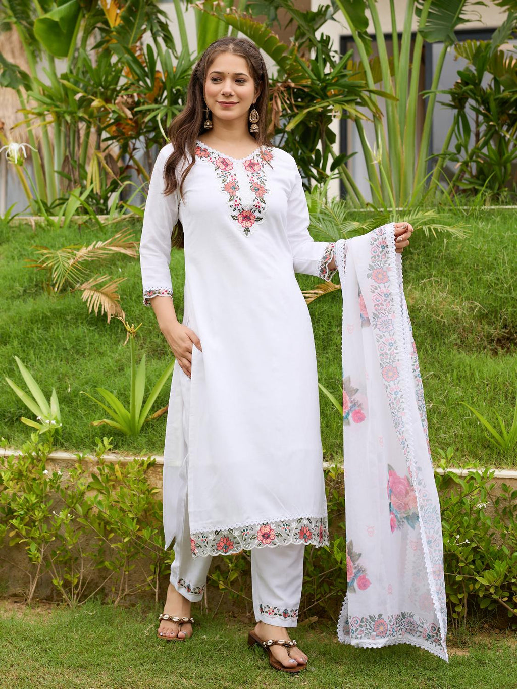 The52 Thread work on Viscose Fabric Straight Kurta, Pant and Dupatta Set - Distacart