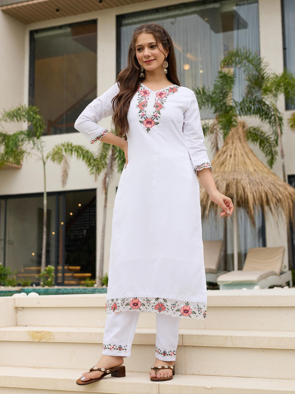 The52 Thread work on Viscose Fabric Straight Kurta, Pant and Dupatta Set - Distacart
