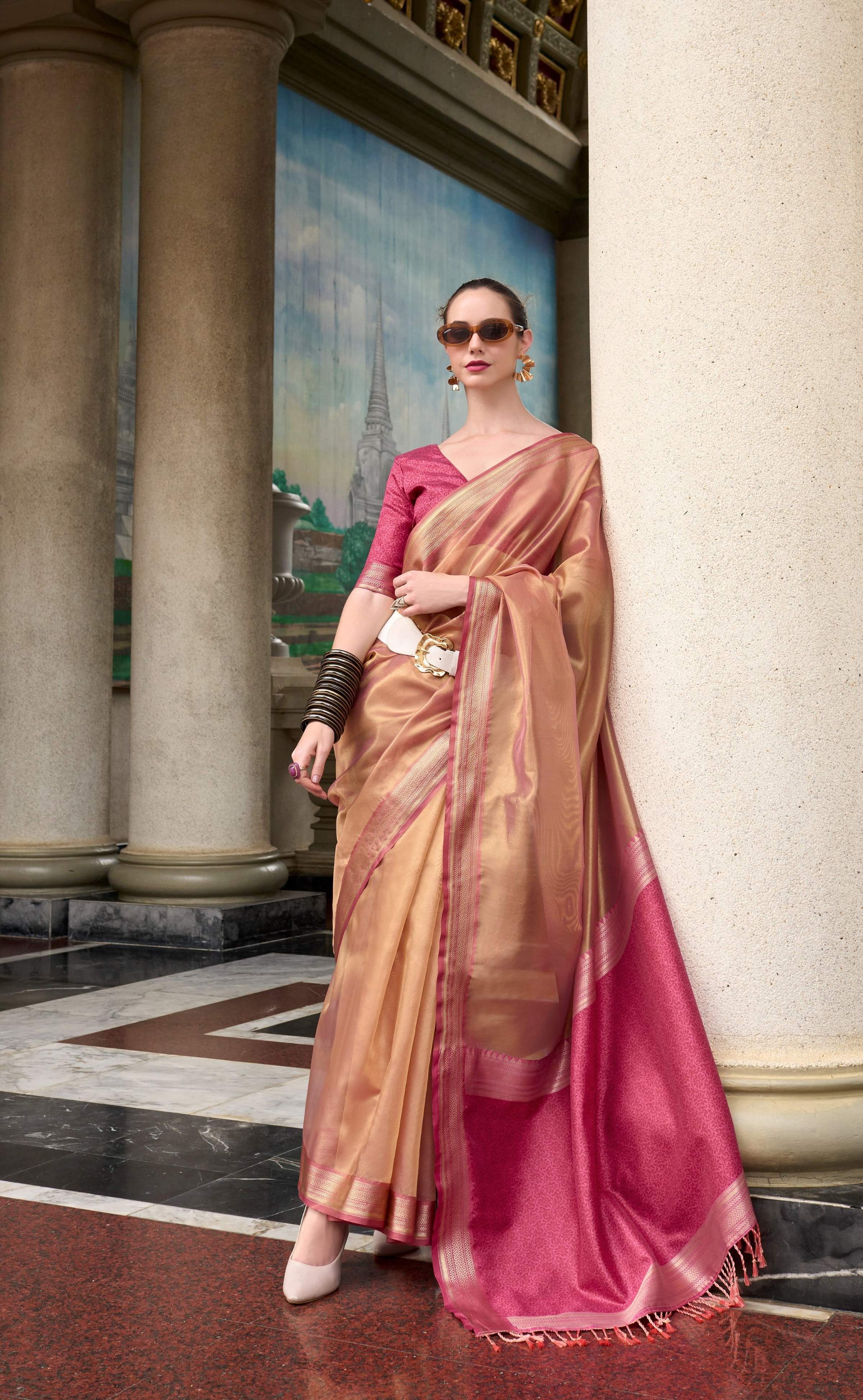 Anaita Pink Designer Weaving Pure Tissue Saree With Blouse - Distacart