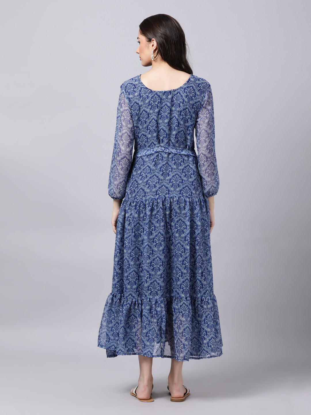 Souchii Blue Ethnic Motifs Printed Chiffon Maxi Tiered Dress - Distacart