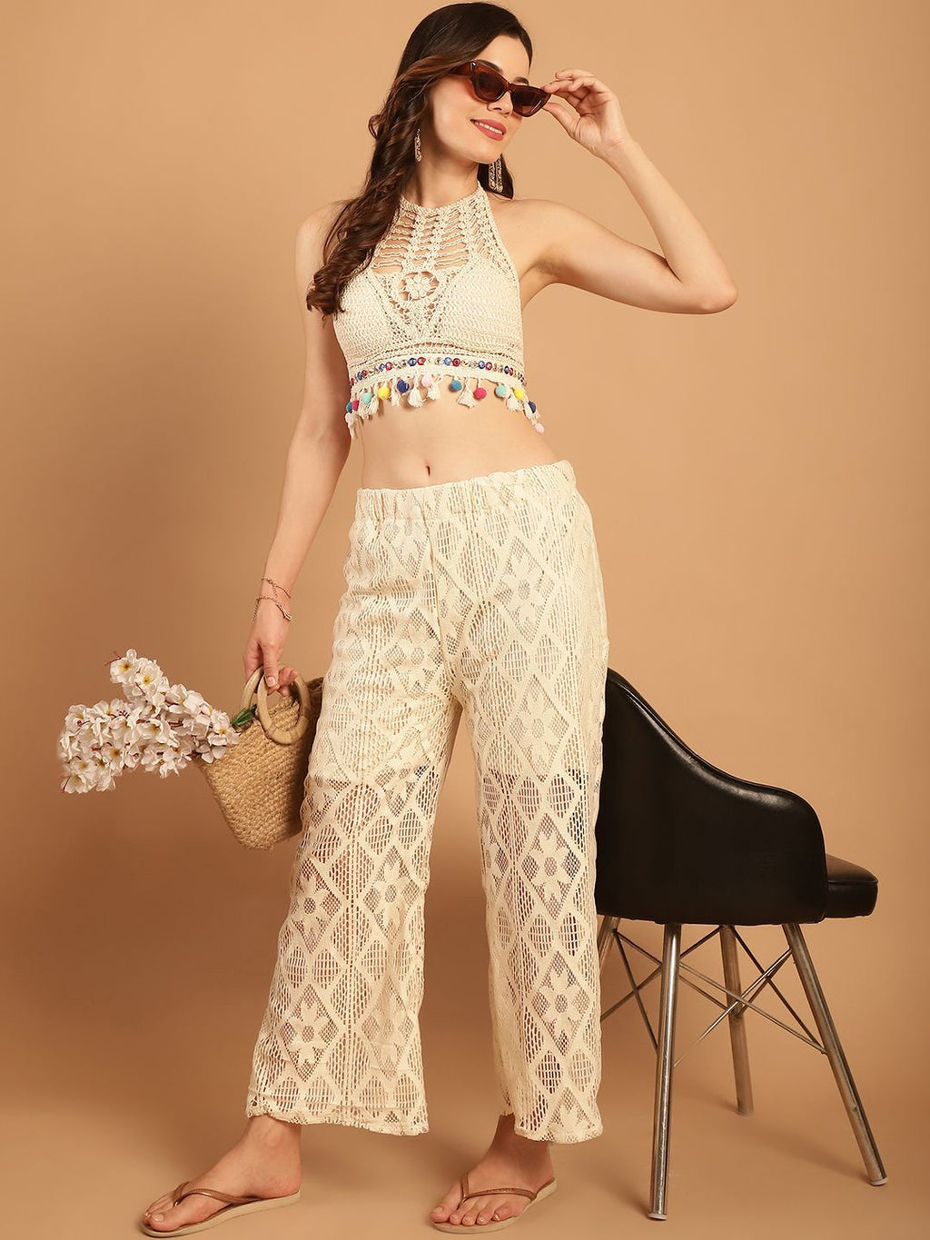 TAG 7 Women Geometric Self Design Sheer With Half Lining Crochet Wide Leg Palazzos
