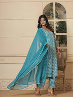 Yufta Blue Ethnic Motifs Cotton Anarkali Aliya Cut Kurta Dupatta Set