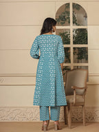 Yufta Blue Ethnic Motifs Cotton Anarkali Aliya Cut Kurta Dupatta Set