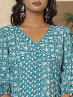 Yufta Blue Ethnic Motifs Cotton Anarkali Aliya Cut Kurta Dupatta Set
