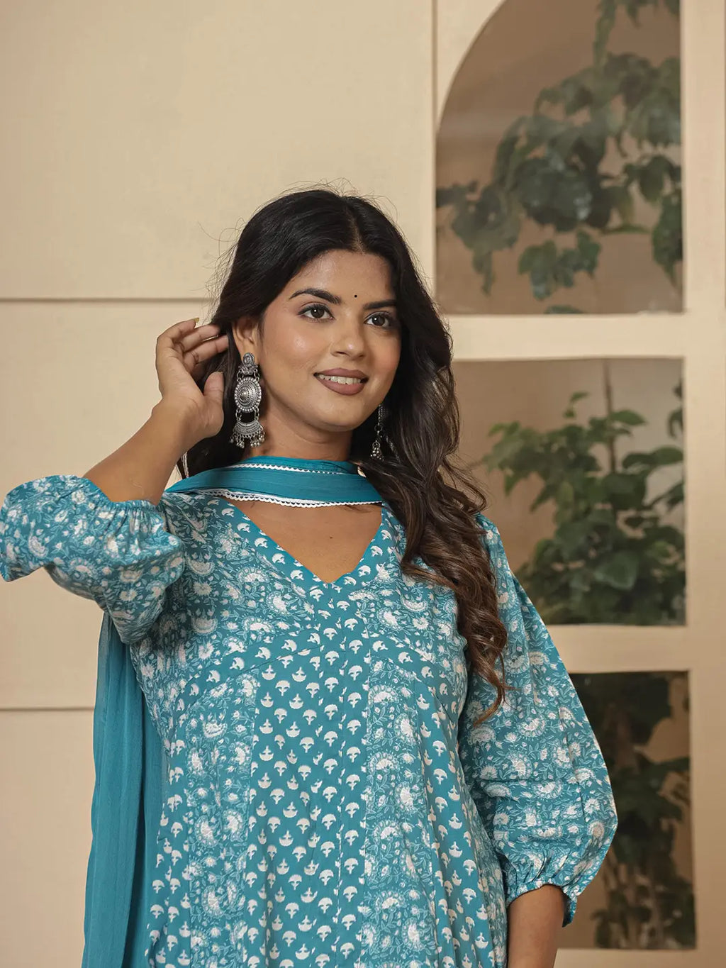Yufta Blue Ethnic Motifs Cotton Anarkali Aliya Cut Kurta Dupatta Set