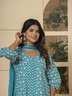 Yufta Blue Ethnic Motifs Cotton Anarkali Aliya Cut Kurta Dupatta Set
