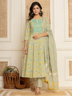 Yufta Mustard Thread_Work Cotton Anarkali Kurta And Trousers With Dupatta Set