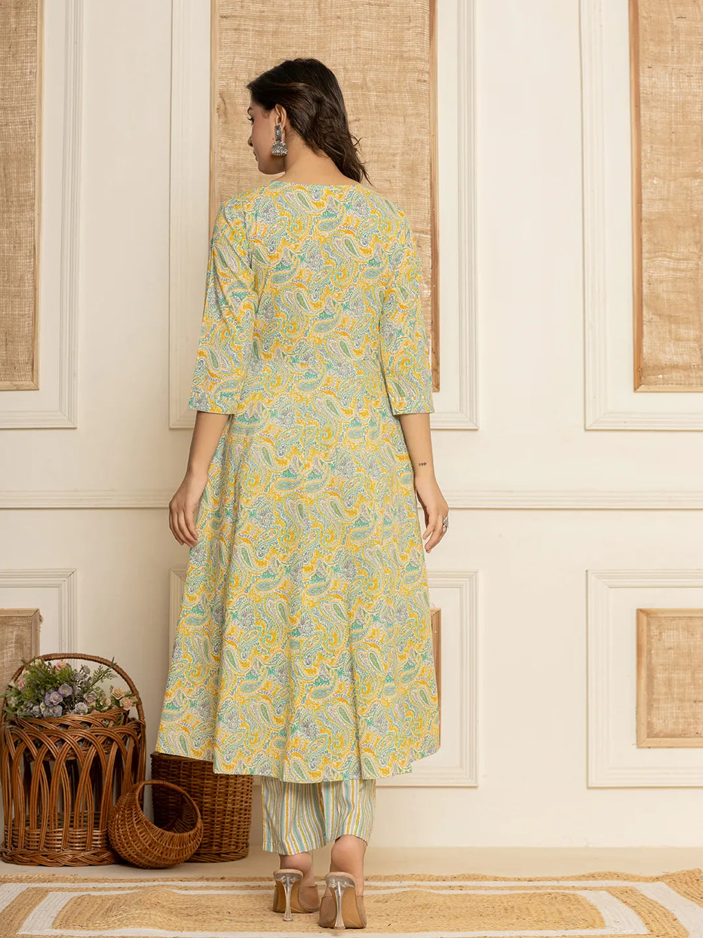 Yufta Mustard Thread_Work Cotton Anarkali Kurta And Trousers With Dupatta Set