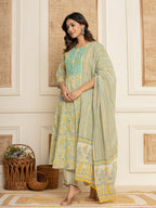 Yufta Mustard Thread_Work Cotton Anarkali Kurta And Trousers With Dupatta Set