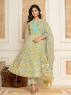 Yufta Mustard Thread_Work Cotton Anarkali Kurta And Trousers With Dupatta Set
