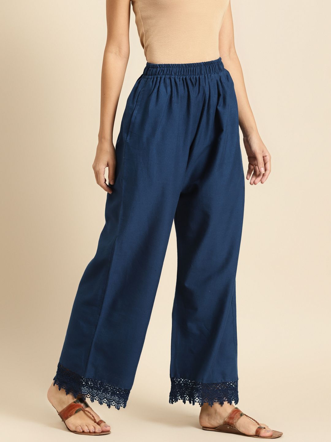 TAG 7 Women Navy Blue Hem Design Straight Palazzos