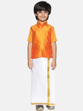 Sethukrishna Boys Orange & White Solid Shirt with Pure Cotton Dhoti Set