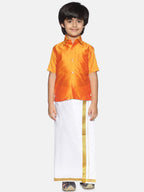 Sethukrishna Boys Orange & White Solid Shirt with Pure Cotton Dhoti Set