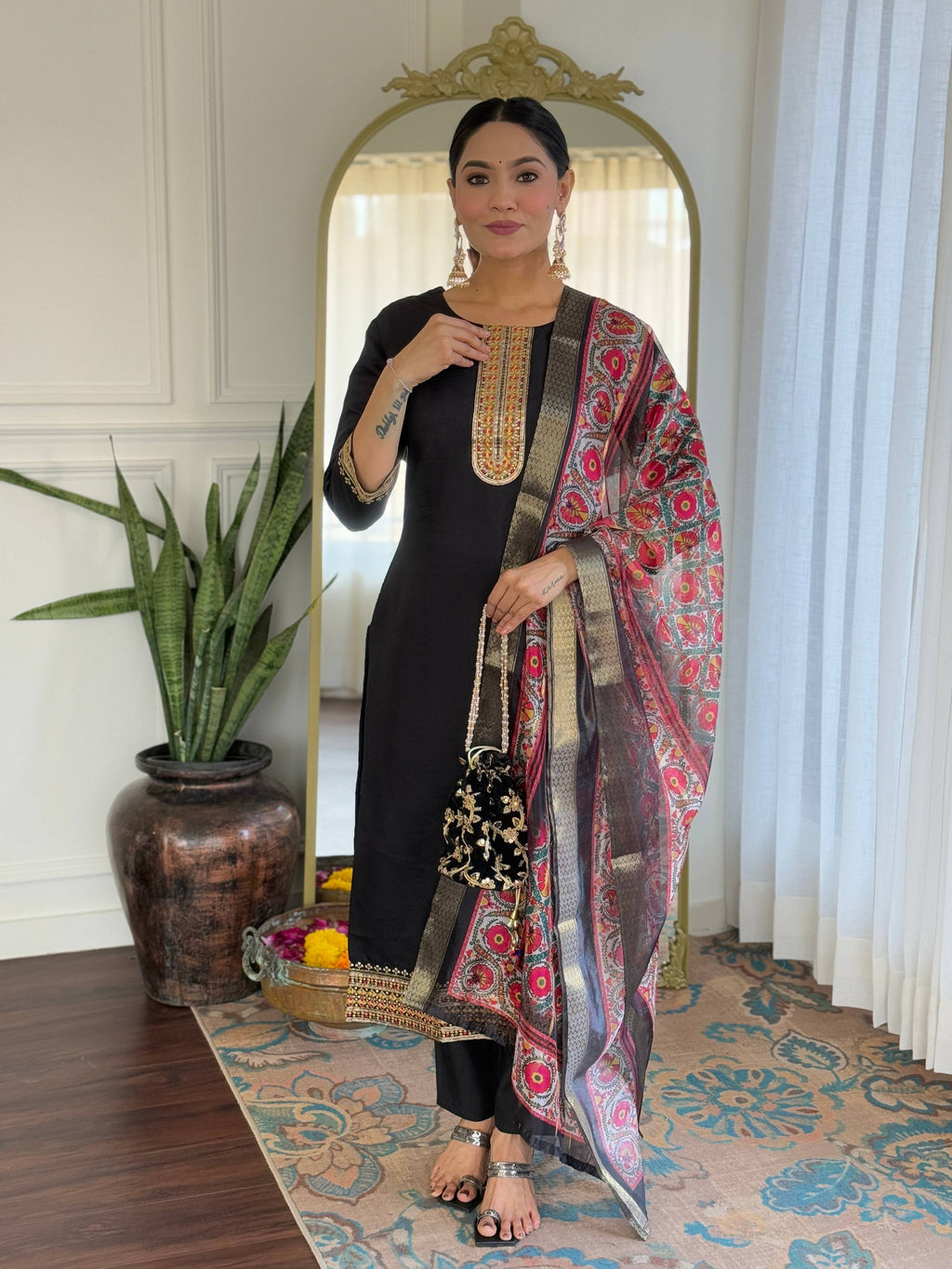 The52 Women's Viscose Embroidery work Straight Kurta with Pant and Dupatta Set - Distacart