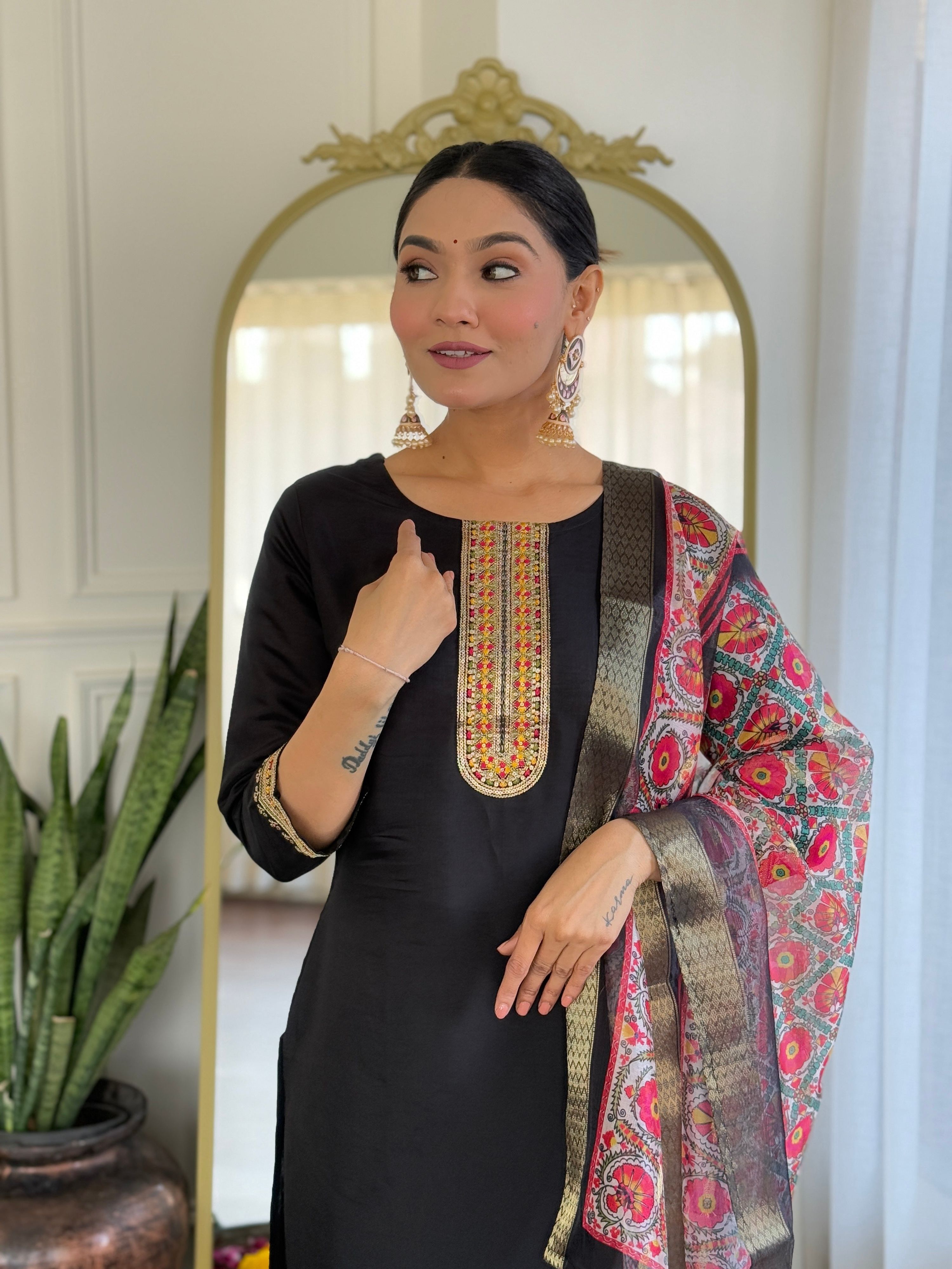 The52 Women's Viscose Embroidery work Straight Kurta with Pant and Dupatta Set - Distacart