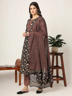 Yufta Piping On Yoke Floral Print Black Cotton Kurta Set With Dupatta Set