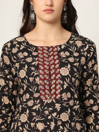 Yufta Piping On Yoke Floral Print Black Cotton Kurta Set With Dupatta Set