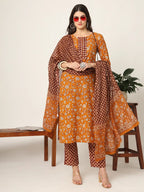 Yufta Piping On Yoke Floral Print Mustard Cotton Kurta Set With Dupatta Set