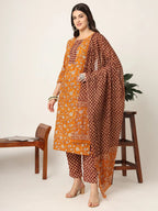 Yufta Piping On Yoke Floral Print Mustard Cotton Kurta Set With Dupatta Set