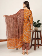Yufta Piping On Yoke Floral Print Mustard Cotton Kurta Set With Dupatta Set