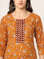 Yufta Piping On Yoke Floral Print Mustard Cotton Kurta Set With Dupatta Set