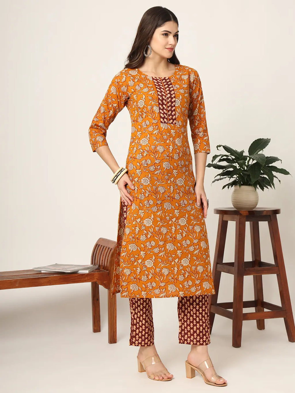 Yufta Piping On Yoke Floral Print Mustard Cotton Kurta Set With Dupatta Set