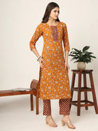 Yufta Piping On Yoke Floral Print Mustard Cotton Kurta Set With Dupatta Set
