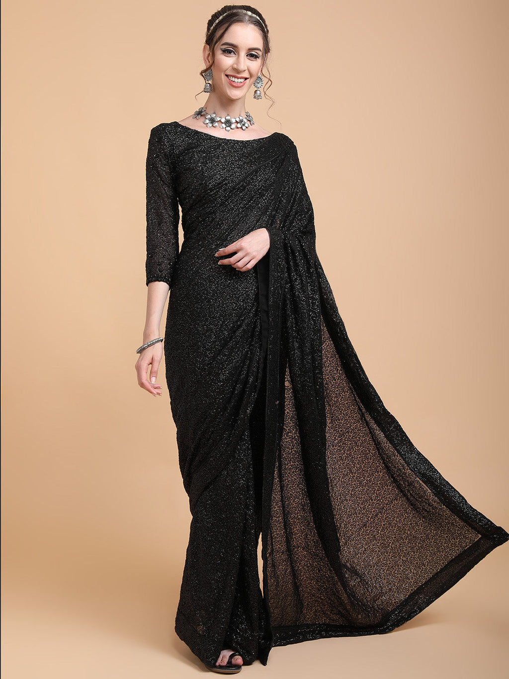 Sangria Women Black Embellished Sequinned Heavy Work Saree - Distacart