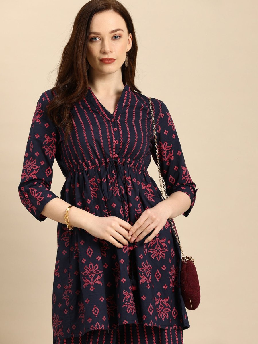 All About You Women Blue & Pink Bandhani Printed Pleated Kurti with Palazzos