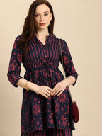 All About You Women Blue & Pink Bandhani Printed Pleated Kurti with Palazzos