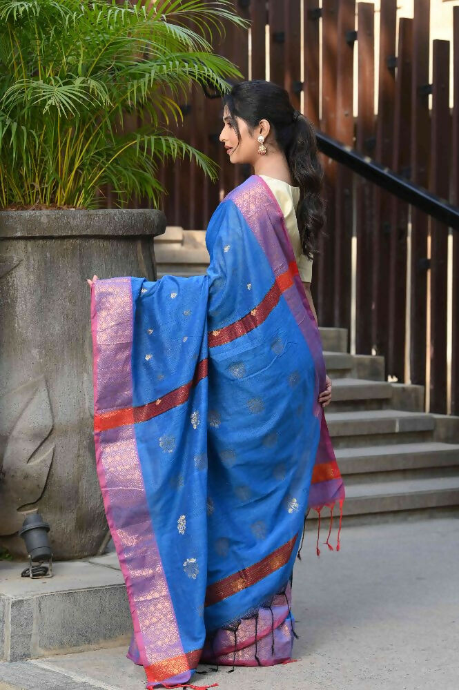 Beatitude Blue Cotton Banarasi Saree