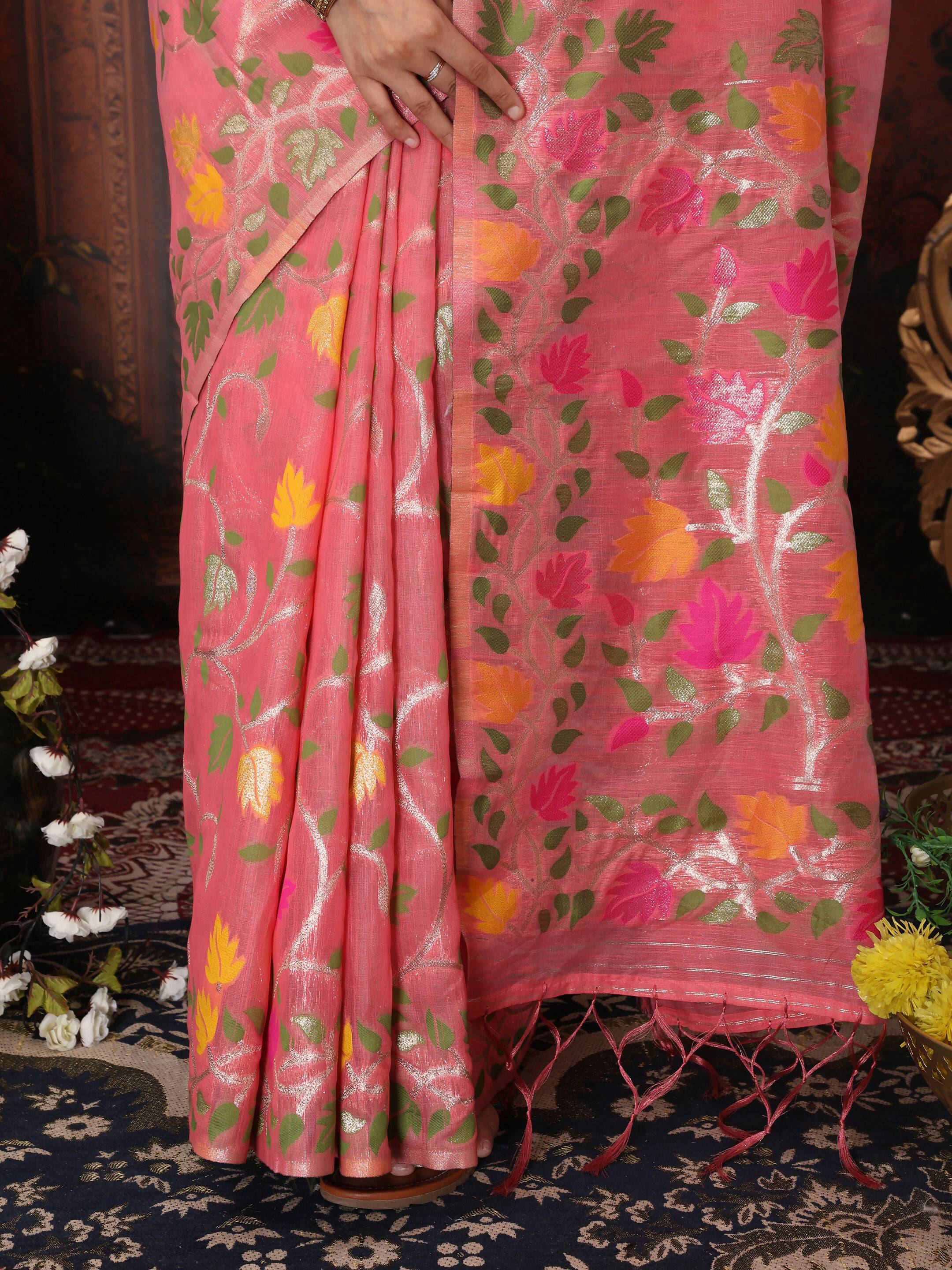 Shree Shyam Fashion Linen Cotton Pink Saree - Distacart
