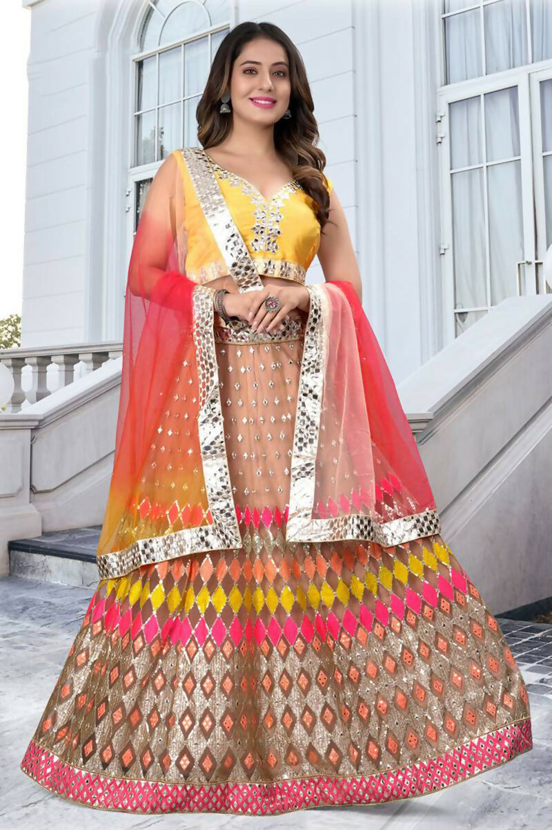 Jyoti Fashion Multicolor Mirror & Sequence Embroidery Butterfly Net Lehenga Choli with Dupatta