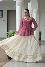 Teeya Creation Wine And White Colour Cotton Printed Navratri Lehenga Choli