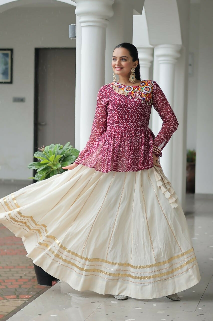 Teeya Creation Wine And White Colour Cotton Printed Navratri Lehenga Choli