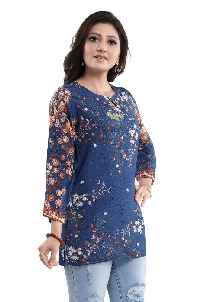 Snehal Creations Blend Well Beautiful Blue Faux Crepe Printed Tunic Top