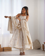Lorenvalley Fashion White Banarasi Jacquard Dola Silk Fancy Backless Dori Pattern Anarkali Gown Pant With Dupatta - Distacart