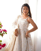 Lorenvalley Fashion White Banarasi Jacquard Dola Silk Fancy Backless Dori Pattern Anarkali Gown Pant With Dupatta - Distacart