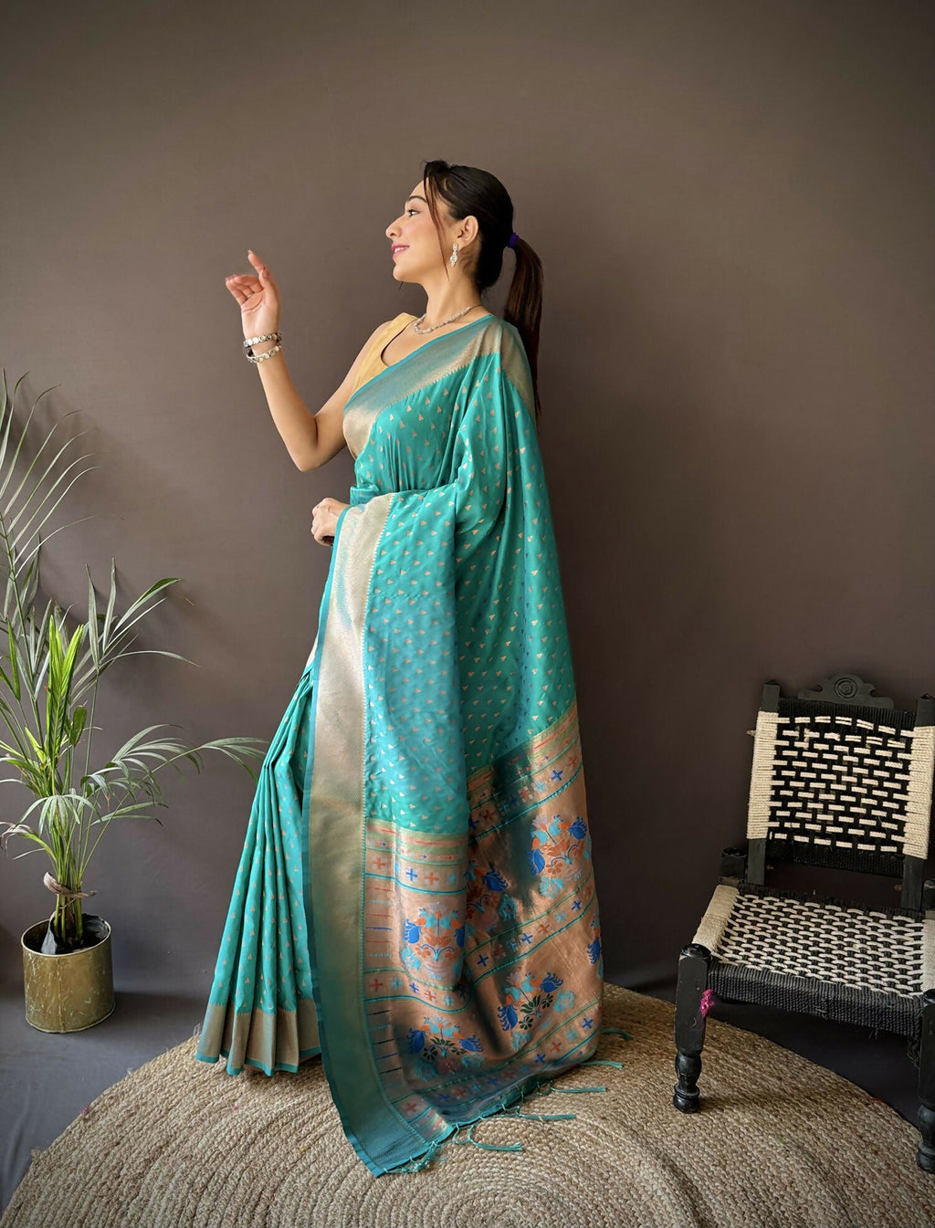 Joban Fashion Teal Green Jacquard Butti Soft Lichi Silk Paithani Saree - Distacart