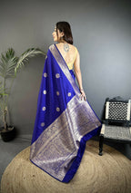 Joban Fashion Royal Blue Floral Jacquard Woven Design Cotton Silk Banarasi Silk Saree - Distacart