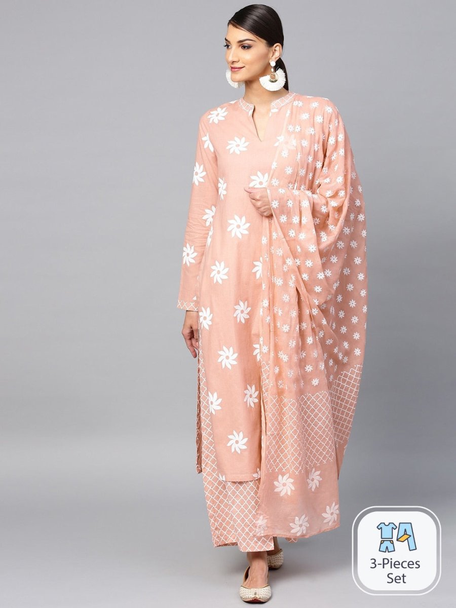 Aks Floral Printed Pure Cotton Straight Kurta With Palazzos & Dupatta