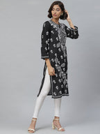 ADA Women Black & White Chikankari Embroidered Straight Sustainable Handloom Kurta