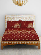 SPACES Red & Yellow Ethnic Motifs Cotton 210 TC King Bedsheet With 2 Pillow Covers