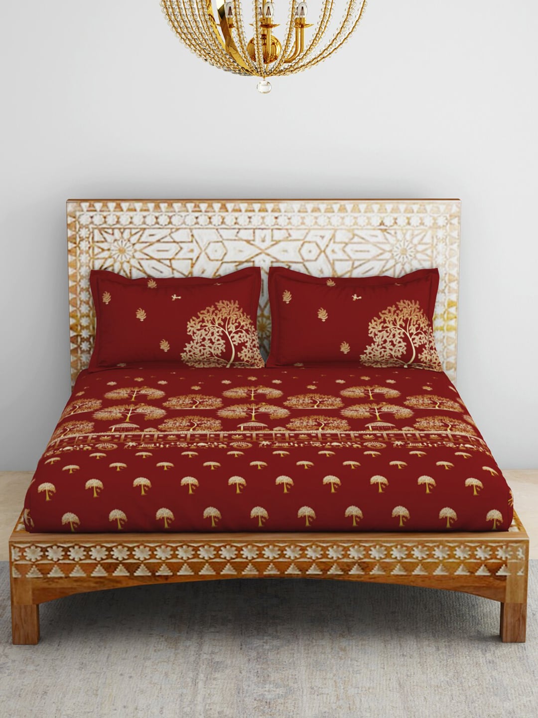 SPACES Red & Yellow Ethnic Motifs Cotton 210 TC King Bedsheet With 2 Pillow Covers