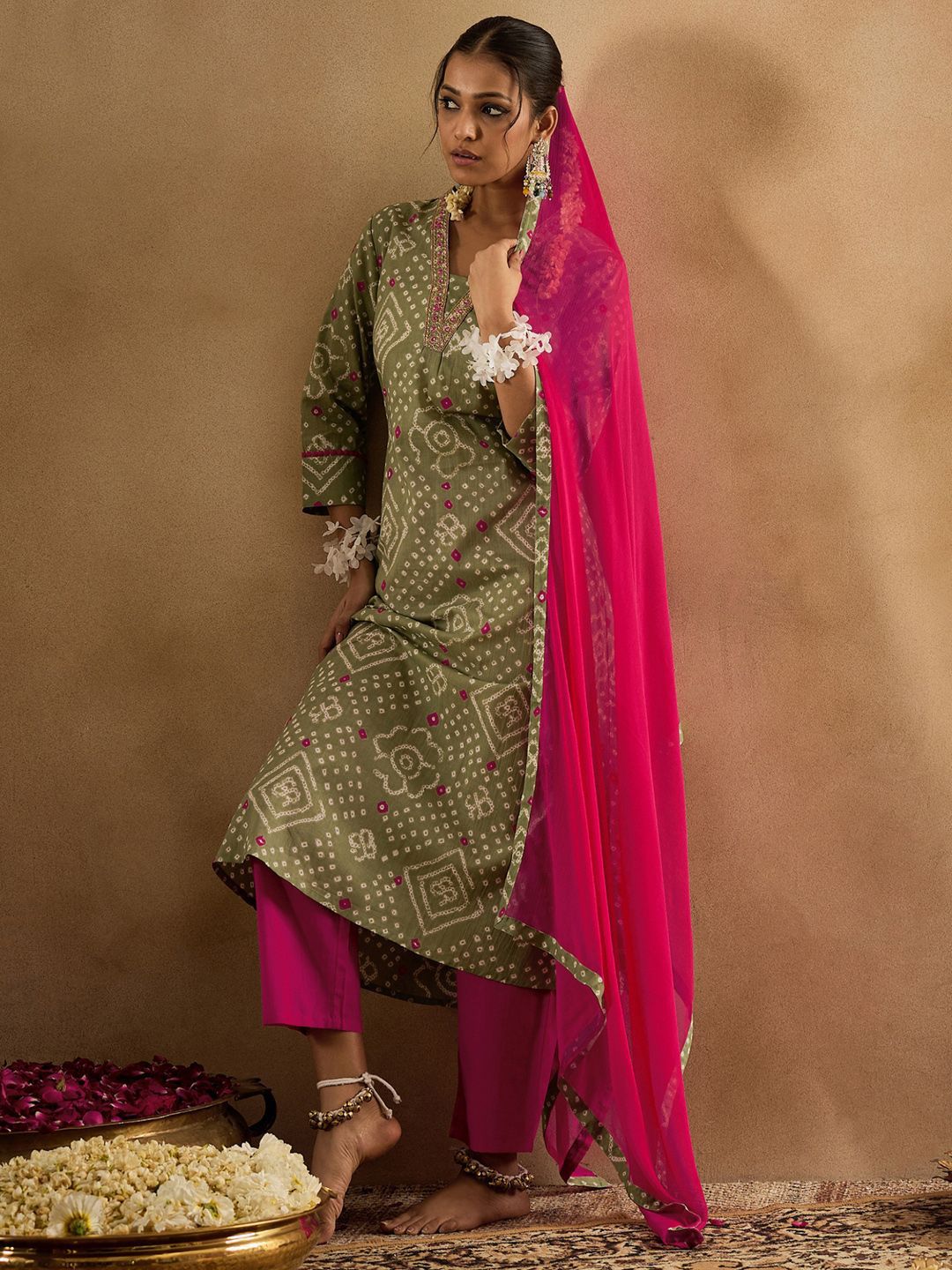 Indo Era Bandhani Printed Pure Cotton Kurta With Trousers & Dupatta - Distacart