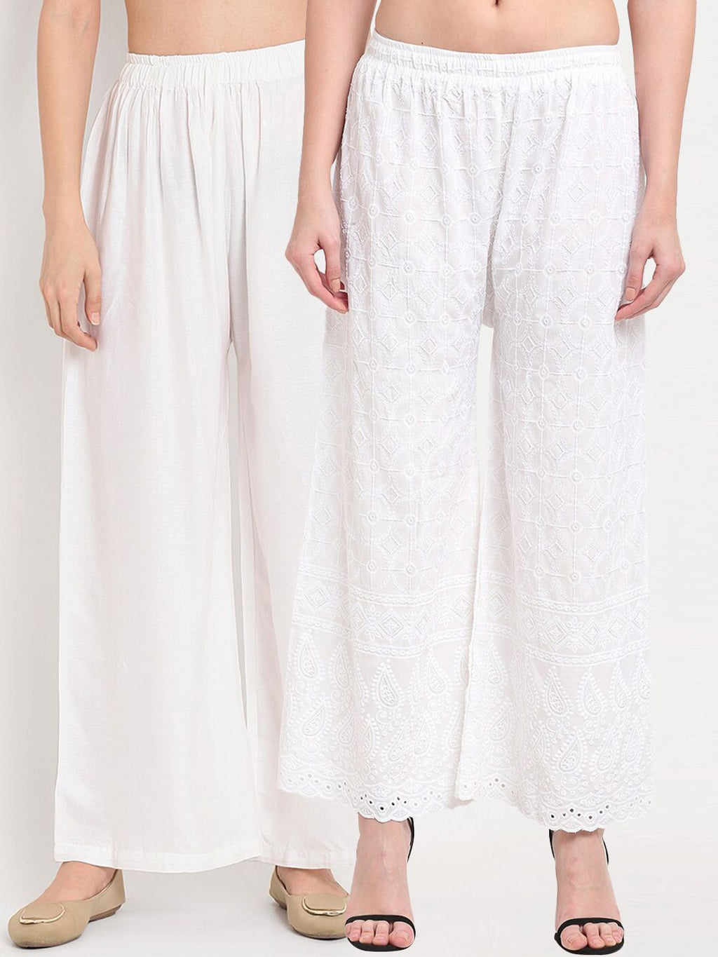 TAG 7 Pack Of 2 Women White Embroidered Palazzos