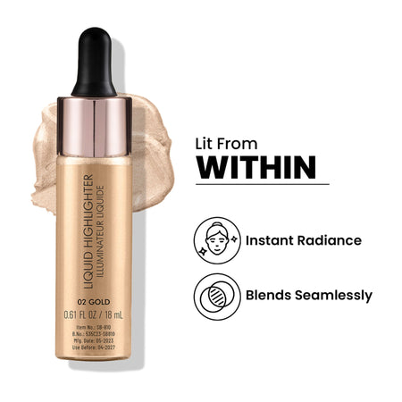 Swiss Beauty Drop and Glow Liquid Highlighter , Shimmer Shine , Dewy Finish - 02 Gold
